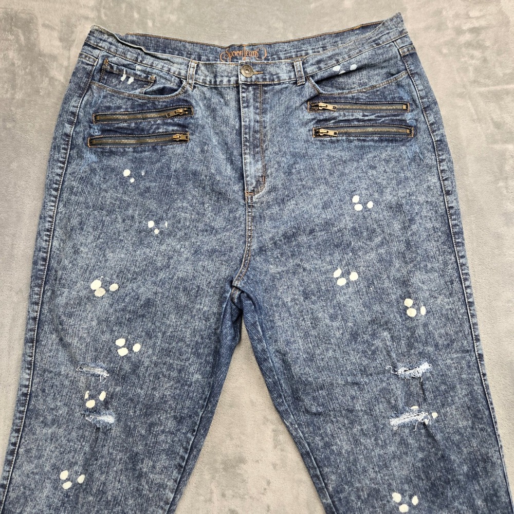 Y2K Spoon Jeans Womens 24W Acid Wash Splatter Distressed Zipper Pocket Denim